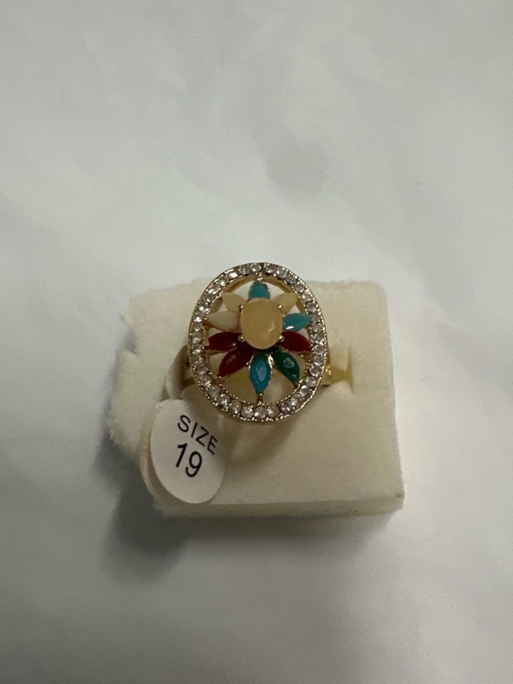 Gold-Tone Multicolor Floral Statement Ring - Cream, Red & Teal Accents